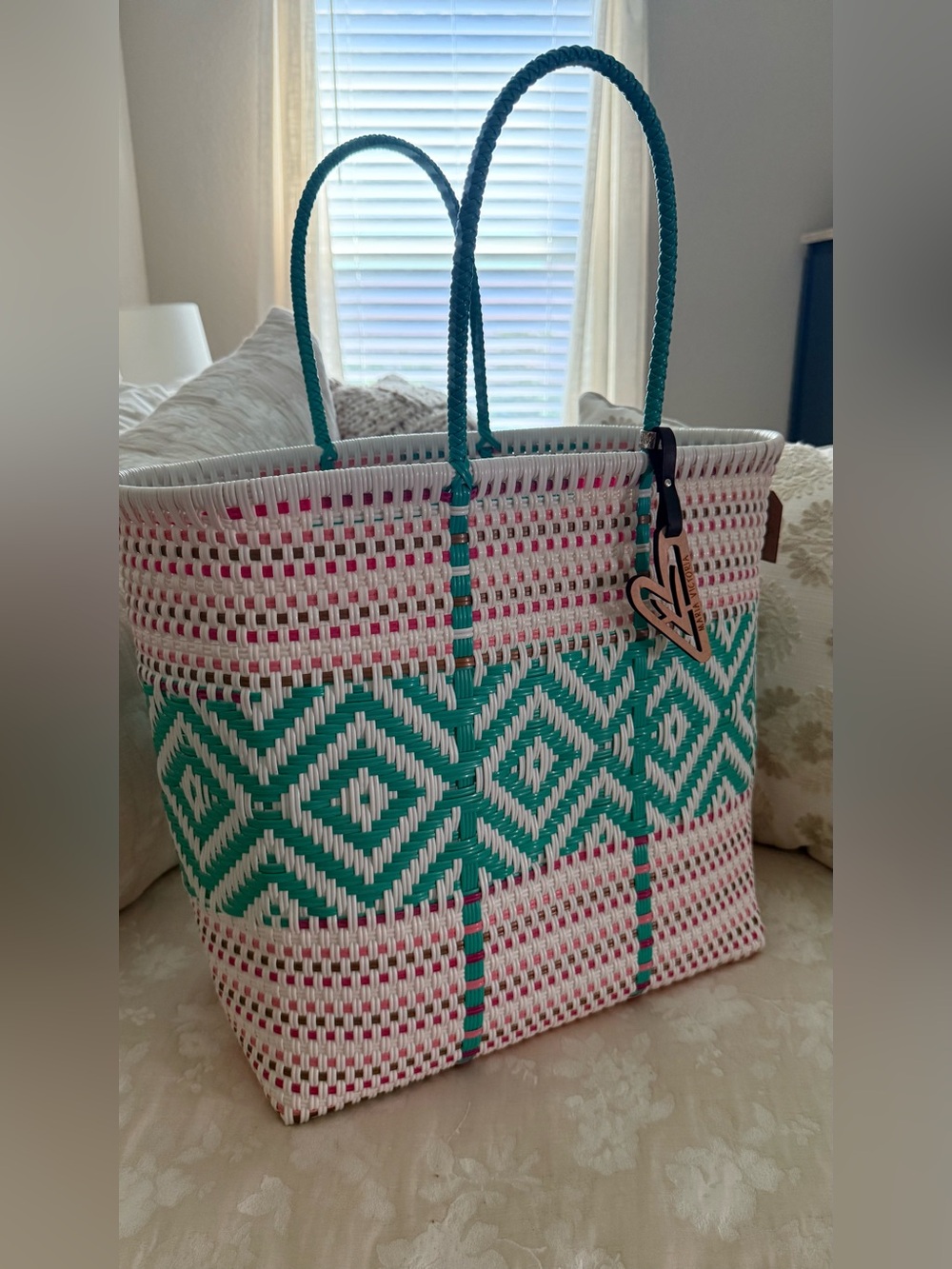 Maria Victoria NEW Woven Diamond Pattern Tote Bag in Teal and White